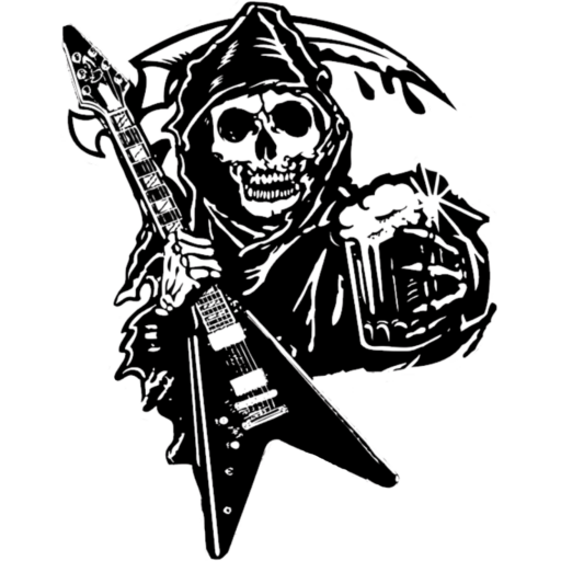 Logo de la Distillerie Montpellier représentant une faucheuse tenant une guitare avec une faux au bout et une pinte de bière